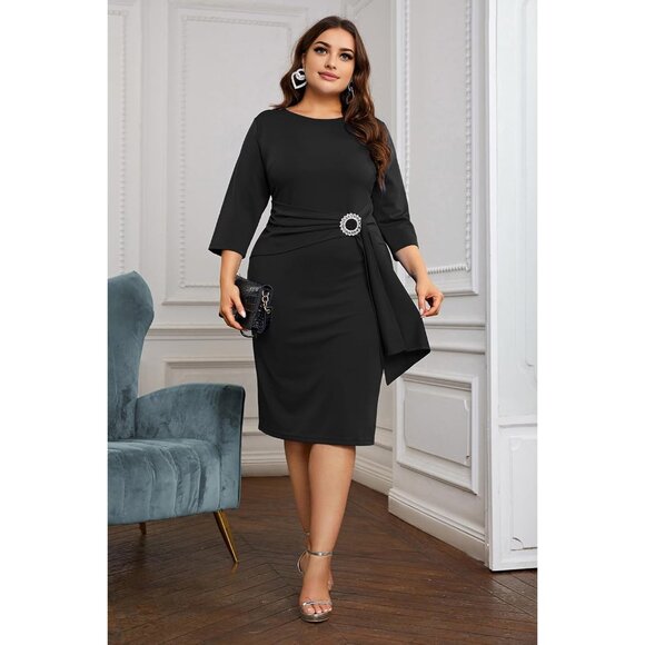 Plus Size Women's 3/4 Sleeve Bodycon Dress with Rhinestones for Business - Picture 7 of 8